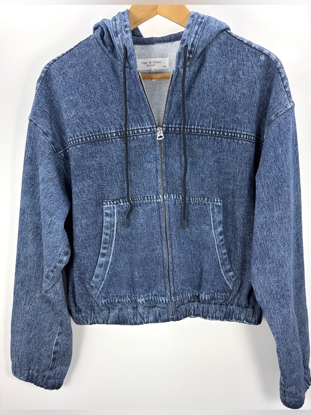 Rag & Bone Miramar Denim Print Terry Zip Hoodie Blue Size Small Trompe L’Oeil - Picture 2 of 11